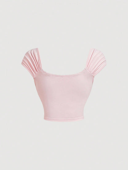 SHEIN MOD Camiseta de manga corta con aplique 3D de flor de rosa