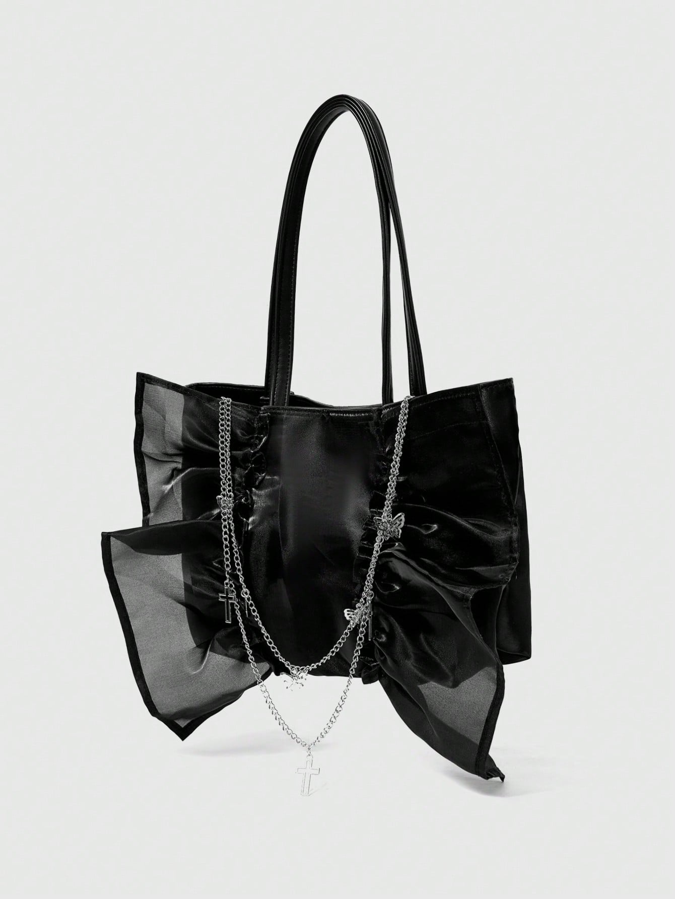 ROMWE Goth Bolso de hombro de estilo gótico para mujer con volantes, decoración de mariposa y cruz