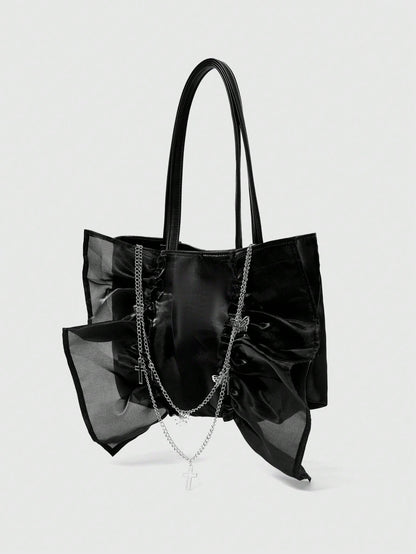 ROMWE Goth Bolso de hombro de estilo gótico para mujer con volantes, decoración de mariposa y cruz