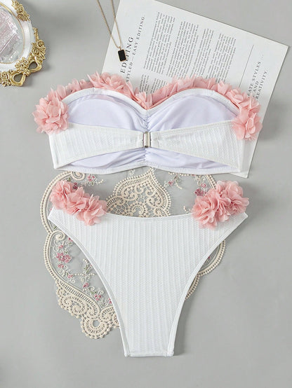 SHEIN Swim Conjunto de bikini con cubrecosturas de contraste y estampado floral para mujer, ideal para el verano y la playa