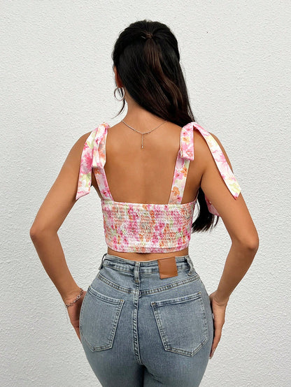 SHEIN PETITE Top De Tirantes Con Estampado Floral, Dobladillo Asimétrico Y Corbata En El Hombro