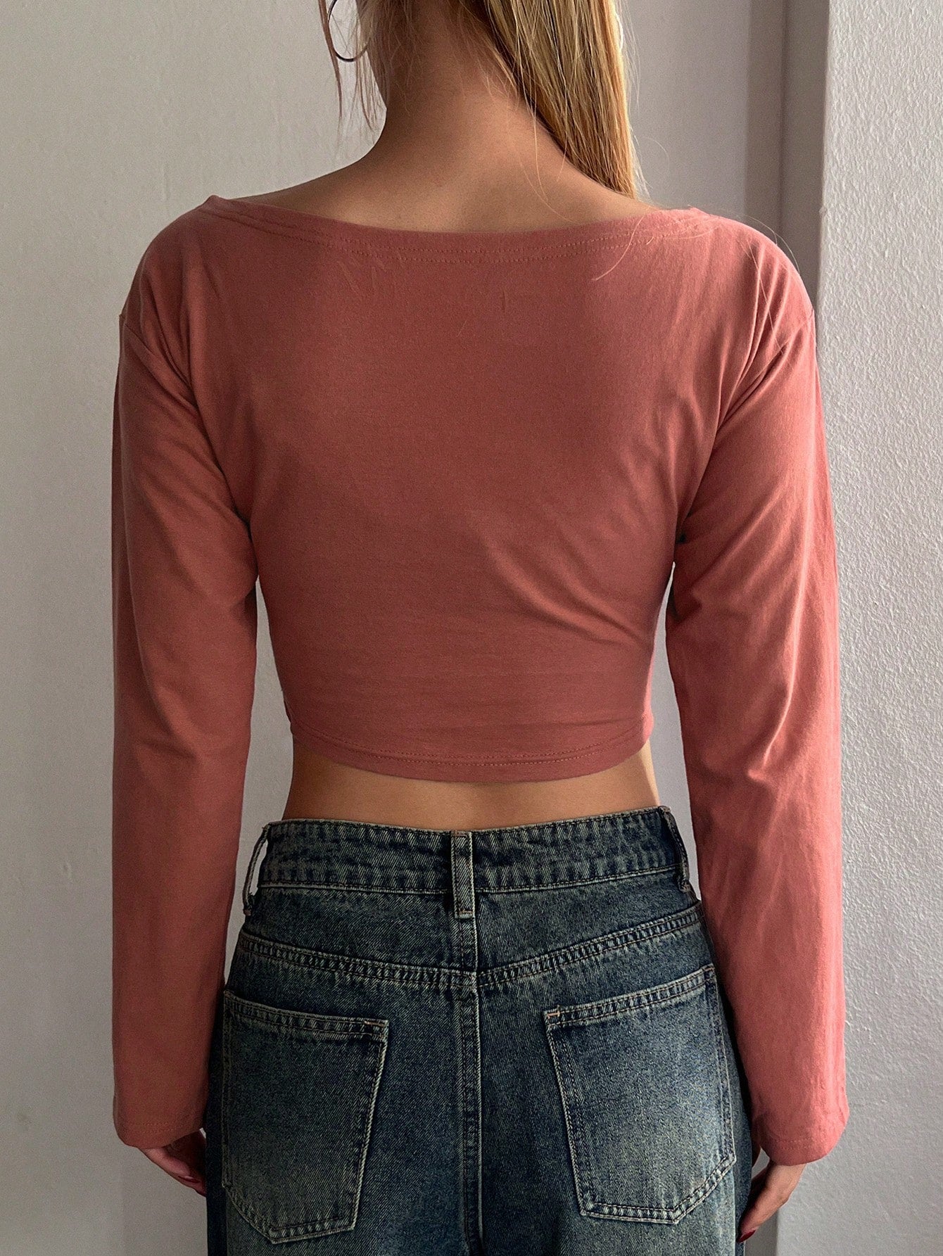 DAZY 1 pieza Camiseta corta ajustada de cuello redondo sencilla de color sólido para mujer en otoño