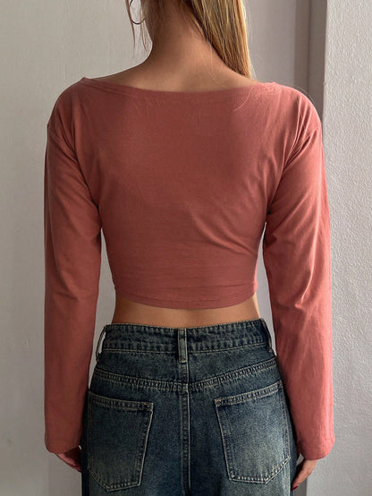 DAZY 1 pieza Camiseta corta ajustada de cuello redondo sencilla de color sólido para mujer en otoño