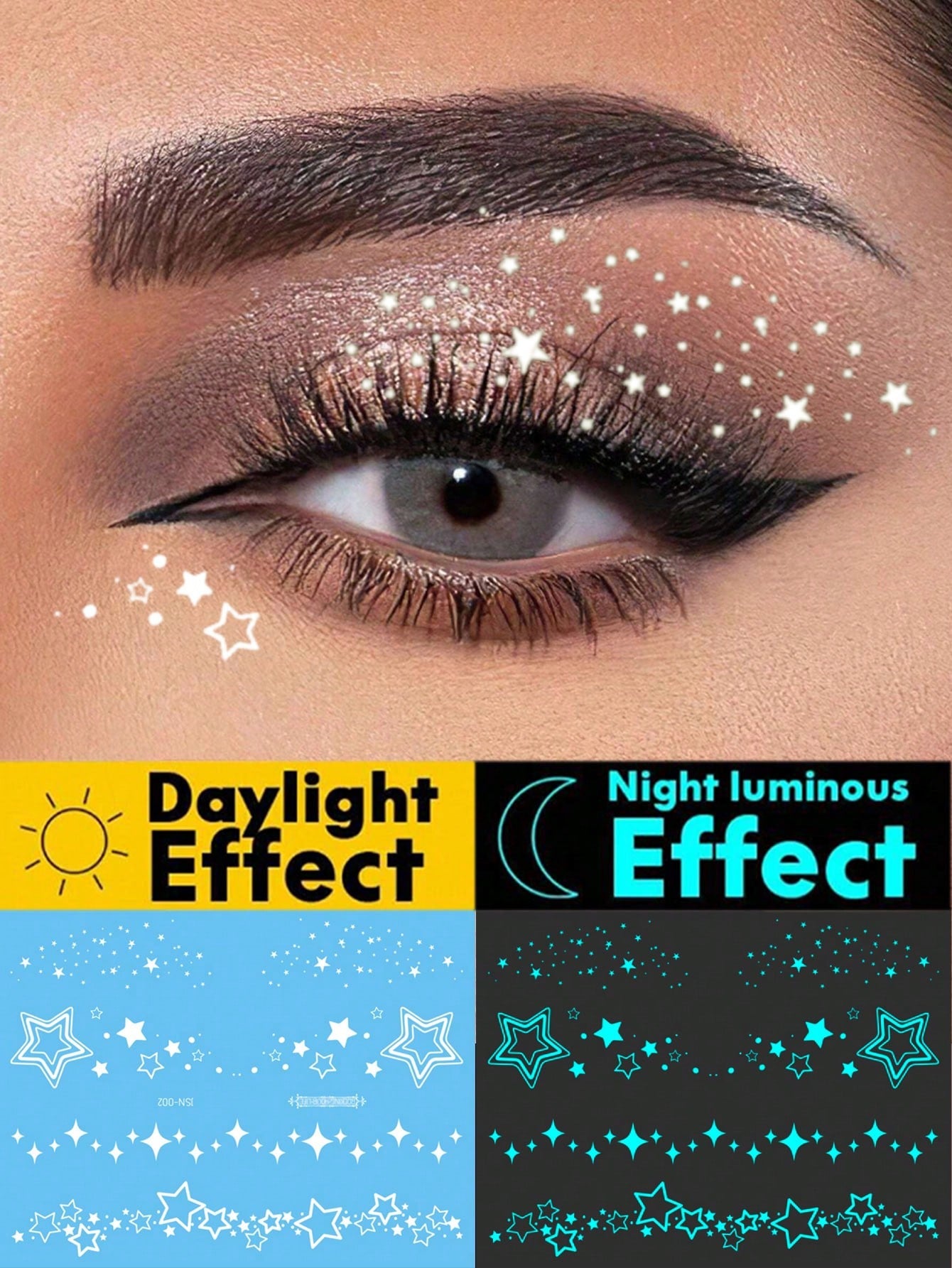 1 pieza Tatuaje temporal de arte corporal luminoso con tinta blanca y que brilla en la oscuridad, diseño de estrella resplandeciente para ojos, tatuaje falso brillante a prueba de agua para la cara y el Body, dura de 2 a 5 días