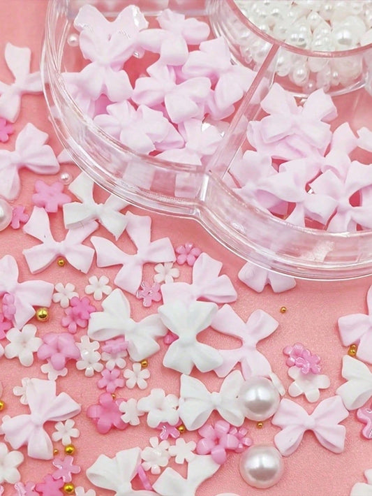 Kit de decoraciones para uñas con flores 3D en forma de lazo, decoraciones de arte de uñas rosa y blanco con medias perlas, gemas acrílicas florales lindas para manualidades de manicura DIY