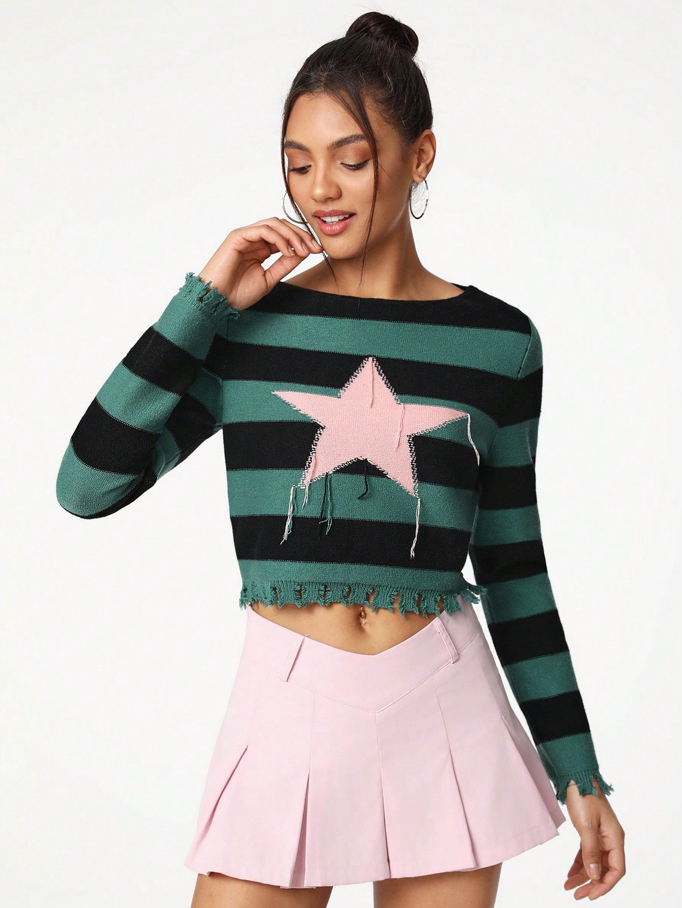 Threesuture Suéter de mujeres artista con bloque de color, patrón de rayas y estrellas, acabado desgastado, ropa de mujer para otoño e invierno