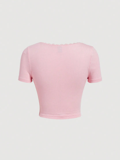 SHEIN MOD Mujer Camiseta de manga corta con encaje, pliegues y estampado floral en 3D