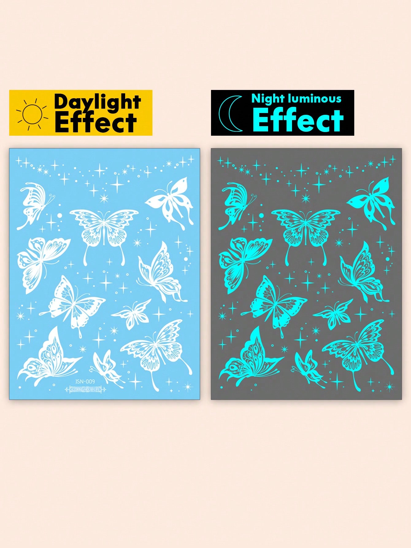 1 Hoja Gran Tamaño De Brillantina Azul Luminosa Y Tatuajes Temporales Originales De Arte Corporal Brillan En La Oscuridad Con Tinta Blanca, Patron De Mariposa Brillante Estrella