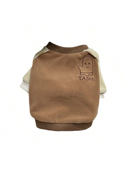 1 pieza Ropa para mascotas de color café con cuello redondo y mangas raglan para perros y gatos pequeños/medianos, otoño/invierno
