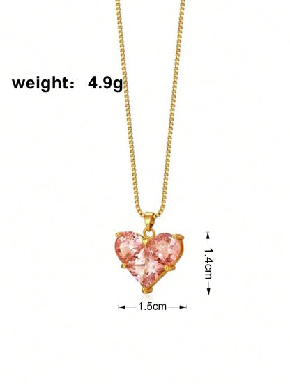 1 pieza Collar en forma de corazón súper brillante de cristal de vidrio rosa, colgante de corazón de moda y lujo ligero