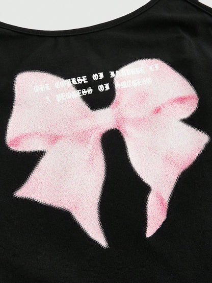ROMWE Kawaii Top de tirantes con lazo y estampado de consigna de verano