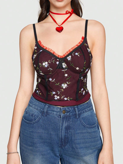 Sweetness Top Tank Doble Capa Bordado Floral Retro Para Mujer