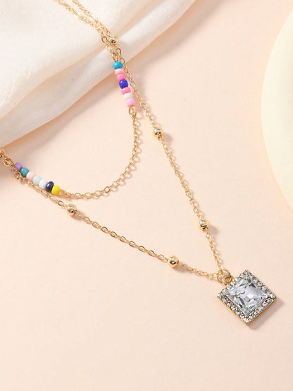 1 pieza Collar con colgante de cubo con incrustaciones de diamantes y cuentas de colores, adecuado para uso casual y de fiesta de mujeres
