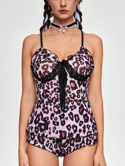 ROMWE J-Fashion Conjunto de pijama con detalles de lazo, encaje y estampado de leopardo en malla de Shibuya