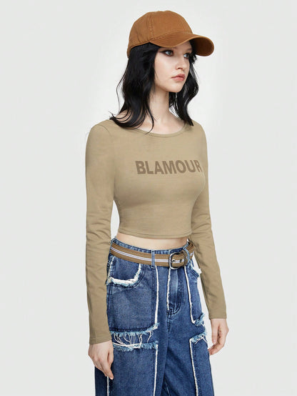 ROMWE Grunge Punk Camiseta De Impresión De Letras Con Diseño De Espalda Abierta En Estilo Al Aire Libre De Maillard