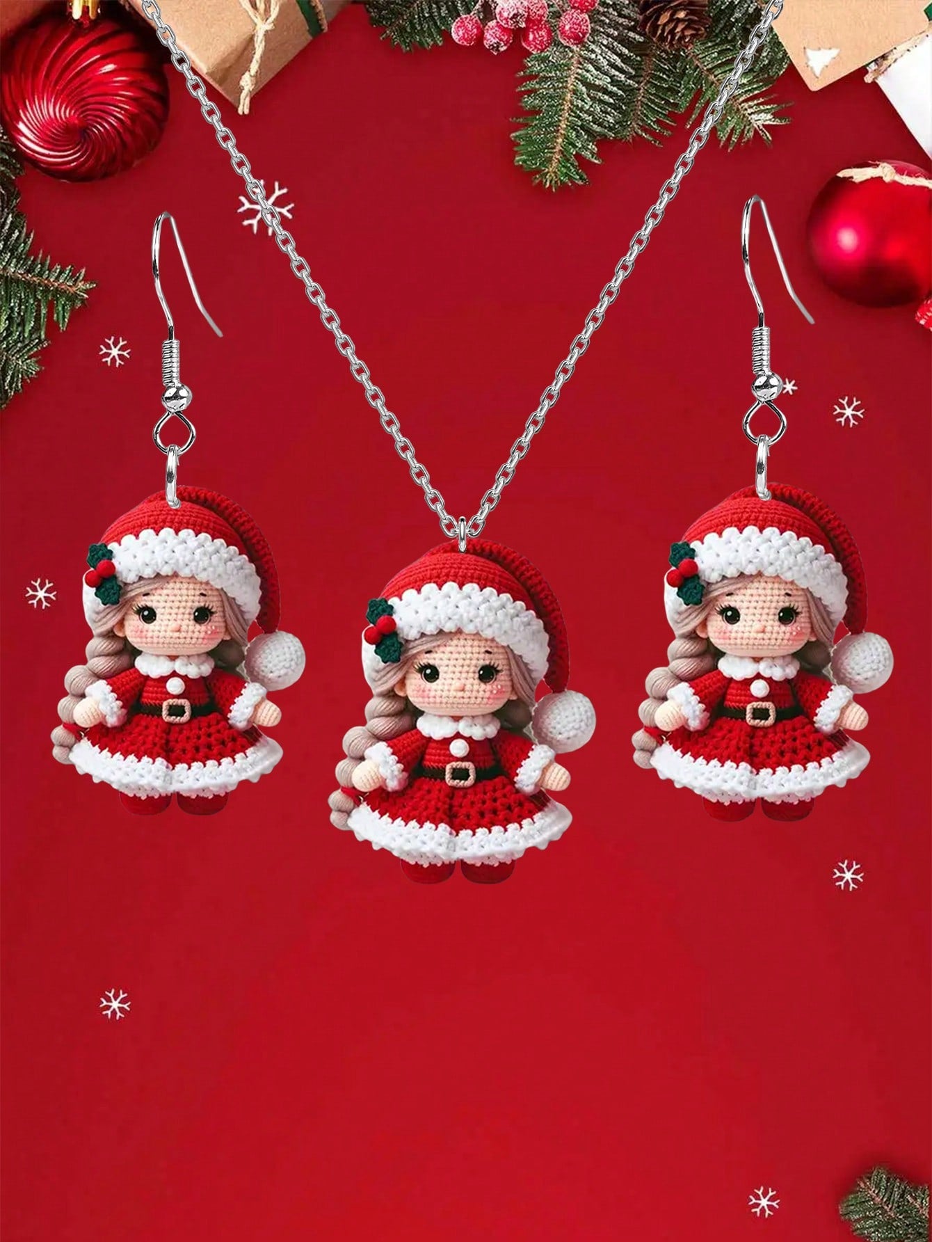 Conjunto de 3 aretes y collares con impresión de muñecos de Navidad de dibujos animados, joyería navideña, regalos para mujeres, decoraciones únicas para eventos navideños y regalos de Navidad