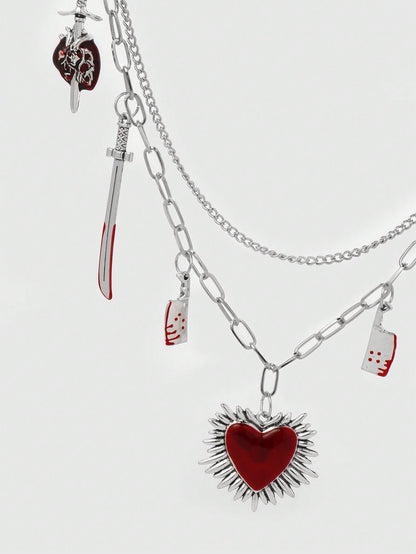 ROMWE Kawaii 1 pieza Cadena para la cintura con estilo gótico de moda, colgante de corazón perforado con calavera, espada y corazón rojo, plateado, adecuado para uso diario de mujeres y niñas, regalo festivo