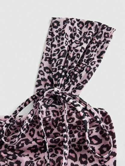 ROMWE J-Fashion Top de tirantes con estampado de leopardo sexy para mujer, cuello corazón con escote pronunciado, cordones con lazo, malla elástica apretada, adecuado para mujeres maduras, atractivas y versátiles, escuela