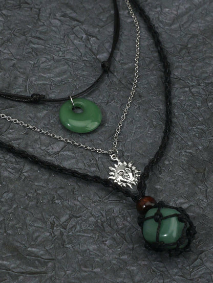 Set de joyería de 3 piezas para mujeres bohemias Y2K compuesto por collar red ajustable de piedra con hebilla tipo paz en estilo gótico antiguo confeccionado con Liuli y verde oscuro / verde claro como jade