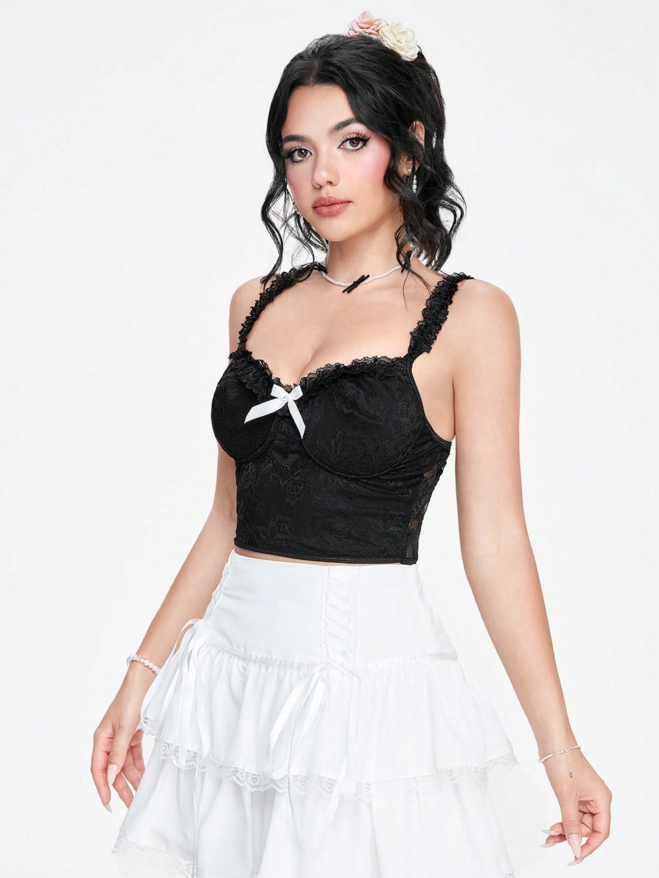 ROMWE Kawaii Top de camisola blanco/rosa con lazo puro y sexy y ribete de encaje para mujeres en vacaciones