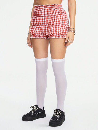 ROMWE Kawaii Pantalones cortos con cintura de lazo de cuadros vichy dulces para mujer, verano, escuela
