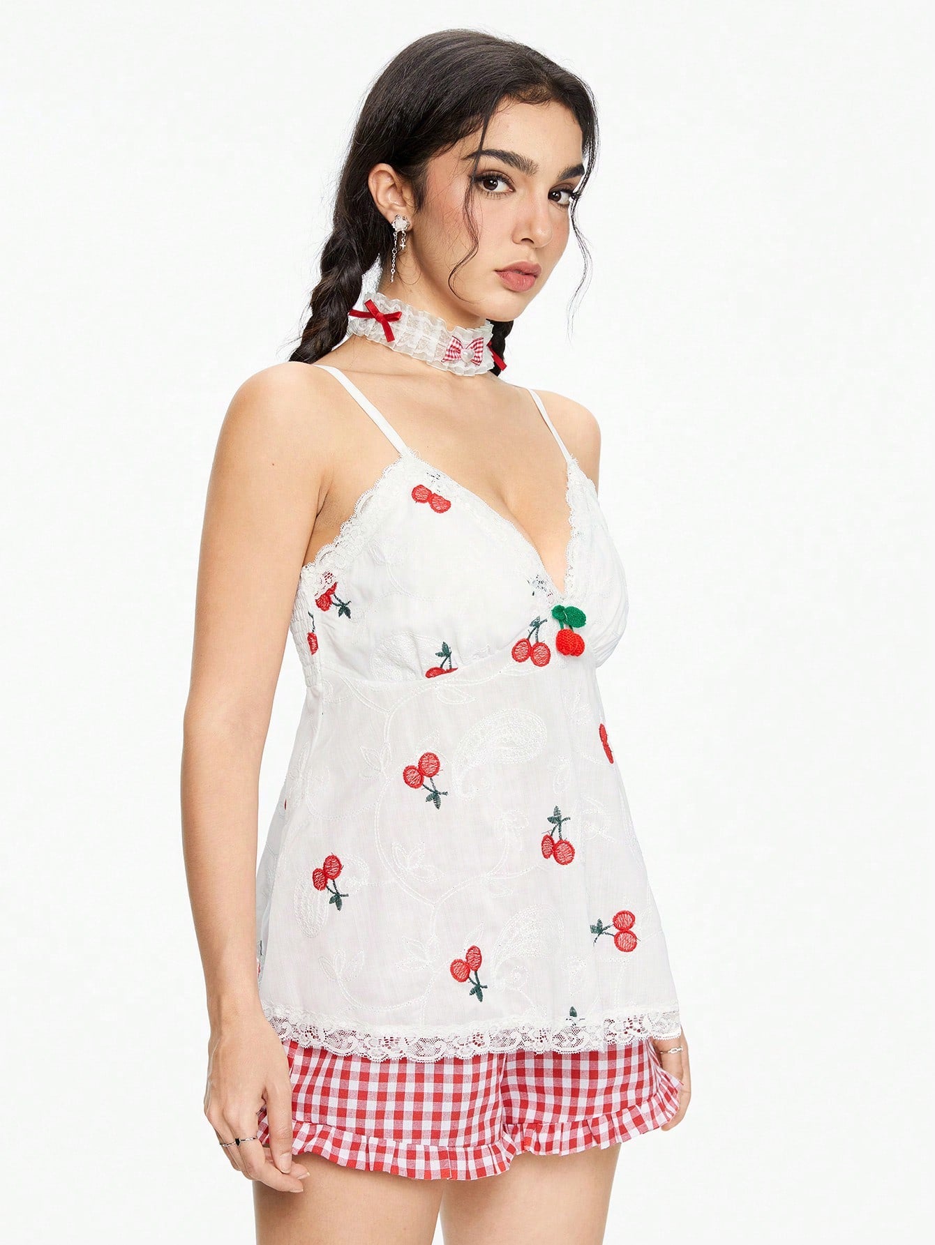 ROMWE Kawaii Top de encaje con bordado de cerezas dulces y encantadoras