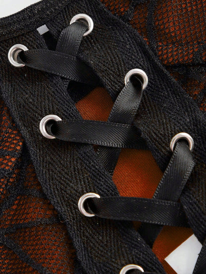 ROMWE Goth Top corto con diseño de cuello tipo collarín de encaje con estampado de telaraña, murciélagos y calabaza gótica para damas