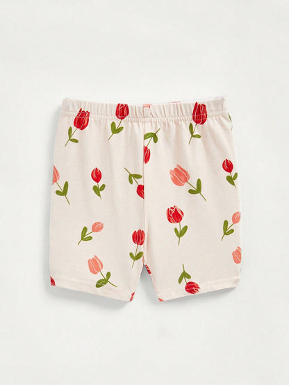 Cozy Pixies Conjunto de pijama ajustado para bebé niña, parte superior de manga corta con cuello redondo con diseño floral y shorts, 4 piezas