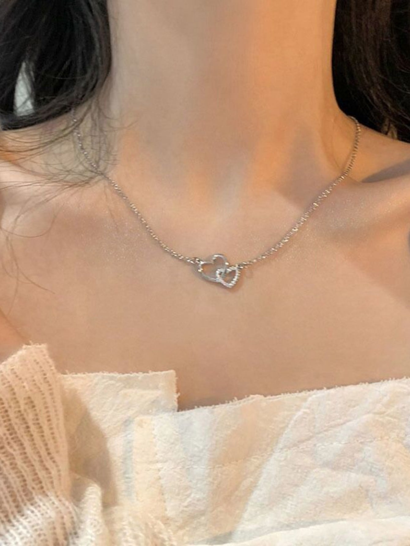 1 Pieza Collar De Colgante De Corazón De Doble Anillo Con Un Diseño Tierno Y Dulce Y Circonias Cúbicas
