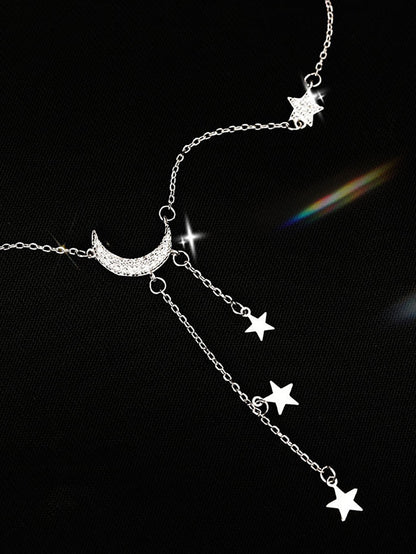 1 pieza exquisito brillante plata color con fleco con estrella luna Collar para mujeres clavícula con cadena Mujer Bisutería regalo de cumpleaños Accesorios