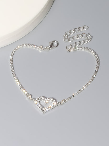 Pulsera temática del Día de San Valentín Corazón hueco lleno de diamantes de imitación brillantes Pulsera de cadena ajustable para su ser querido