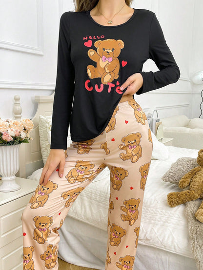 Conjunto de pijama de mujer con top de manga larga y pantalones con estampado de oso de dibujos animados, corazón y letras