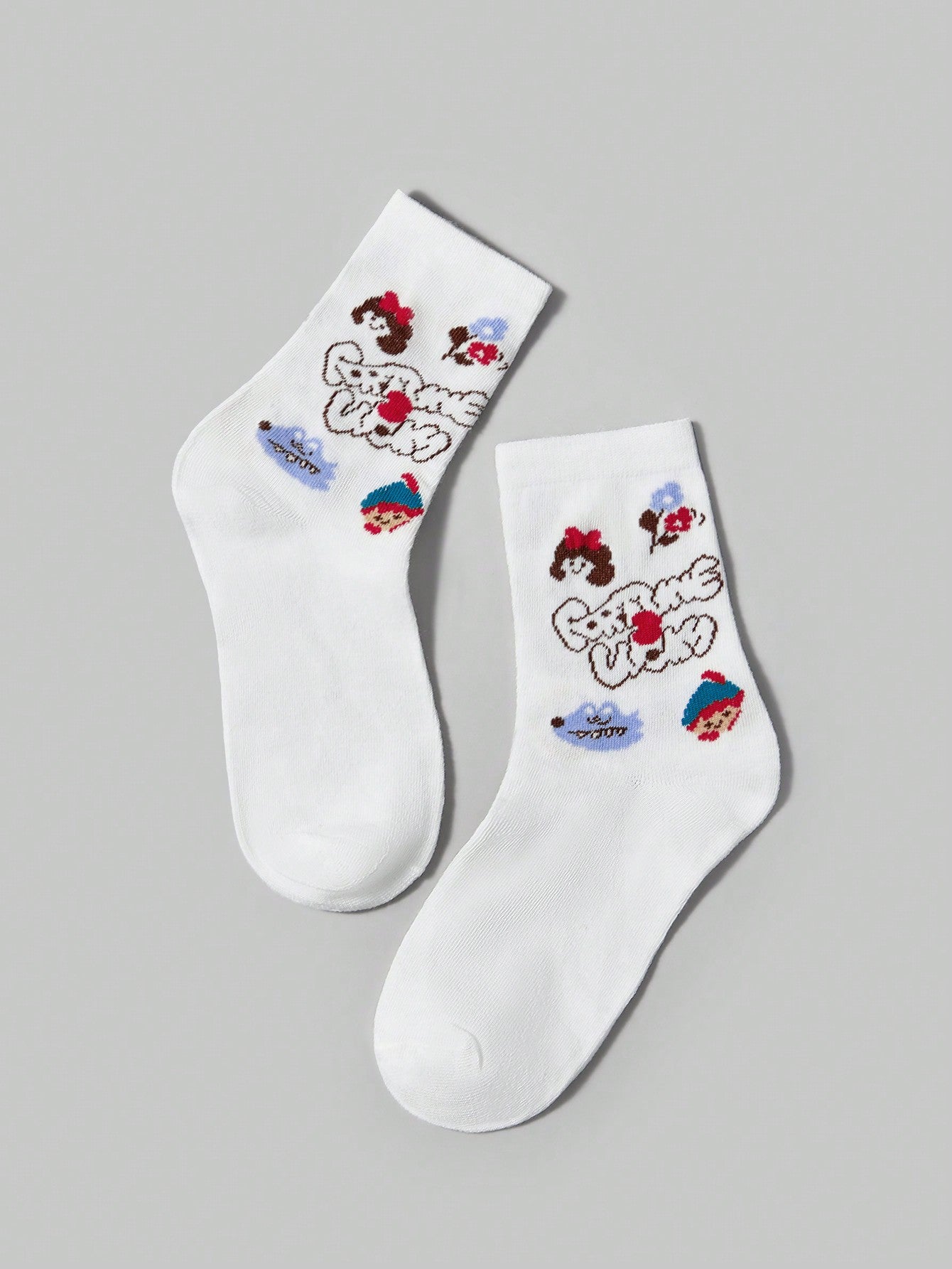 ROMWE Kawaii 4 pares de calcetines de moda con estampado de princesa blanca para mujeres, para todas las estaciones