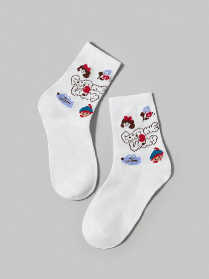 ROMWE Kawaii 4 pares de calcetines de moda con estampado de princesa blanca para mujeres, para todas las estaciones