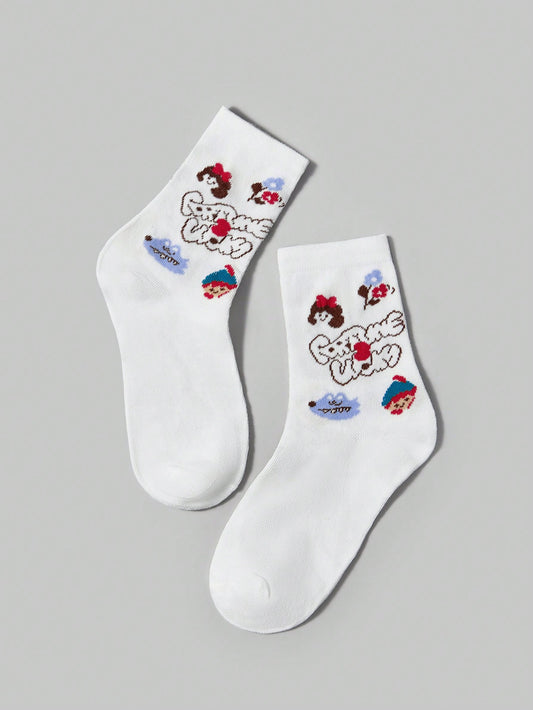 ROMWE Kawaii 4 pares de calcetines de moda con estampado de princesa blanca para mujeres, para todas las estaciones