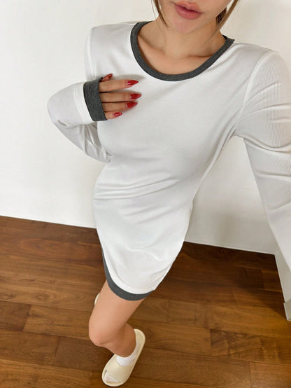 DAZY Camisón de manga larga con cuello redondo y ribete de contraste ajustado