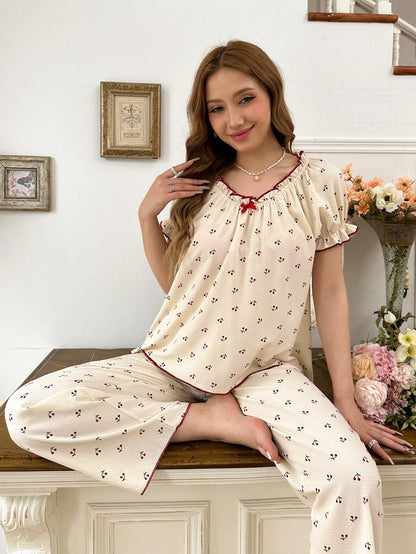 Conjunto de pijama de manga abullonada y estampado de cerezas para mujer con bloques de color