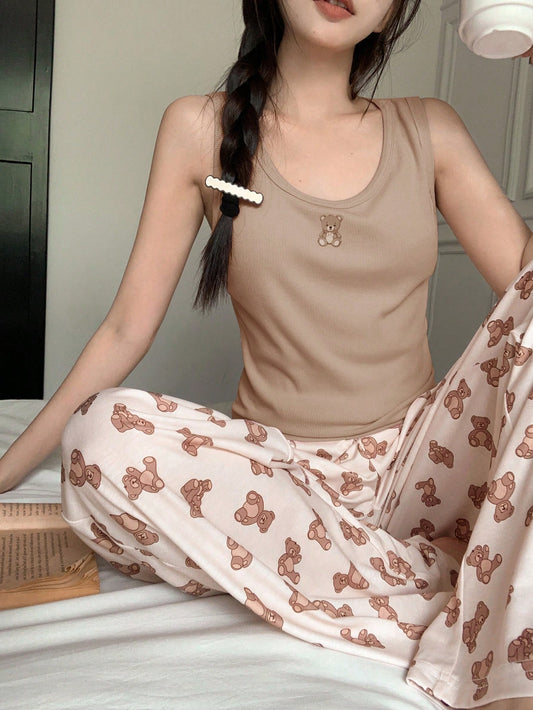 DAZY Conjunto de pijama con camiseta y pantalones con estampado de oso