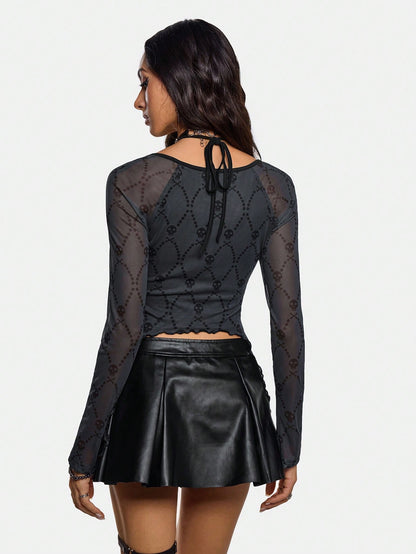 Studio Schimm Blusa de mujer con impresión de calavera oscura, de color negro, ropa de mujer para otoño e invierno