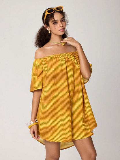 SV Pattern Studio Vestido informal de mujer con hombros descubiertos, parte delantera corta y parte trasera larga, vestido de verano
