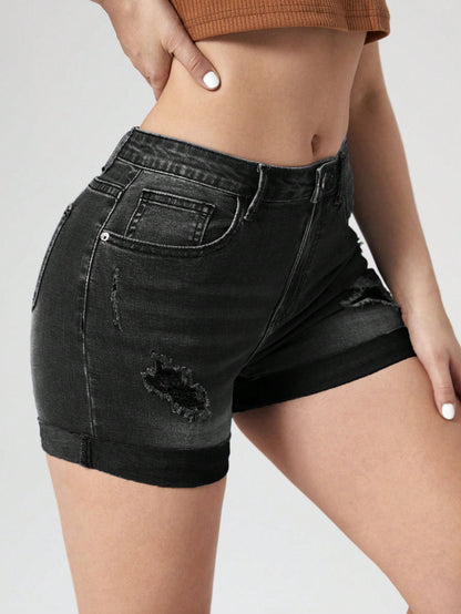 SHEIN Essnce Pantalones Cortos Rasgados De Mezclilla Slim Fit