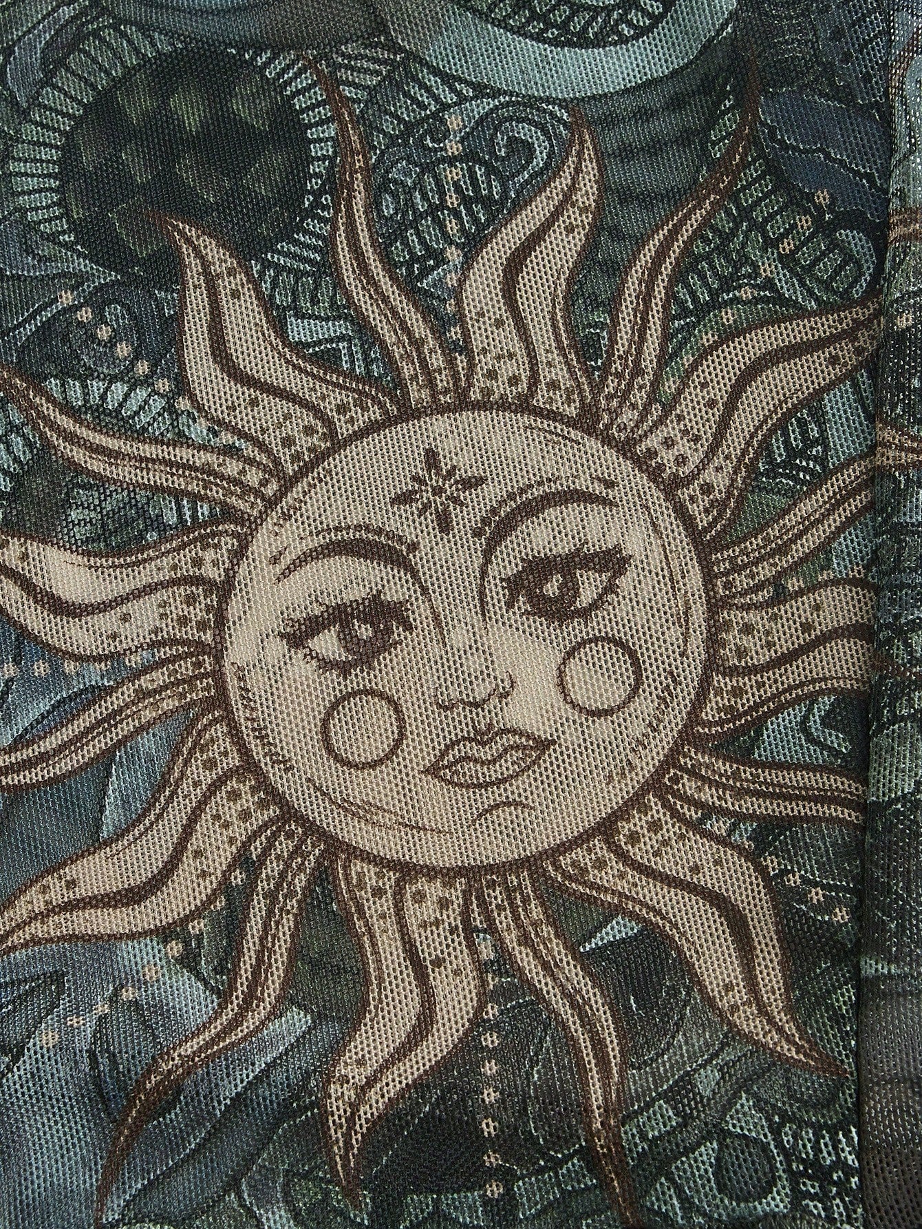 ROMWE PUNK Top con estampado de sol y luna con cordón delantero ribete en forma de lechuga de malla