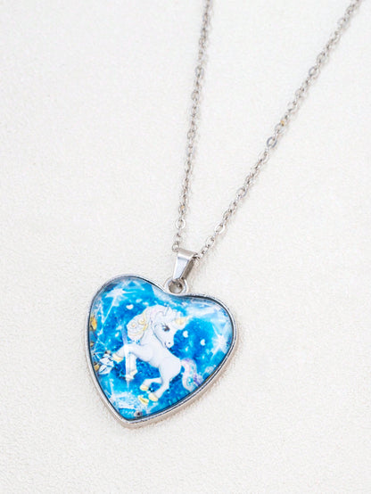 suteyi 1 Collar de vidrio con joya en forma de corazón y dibujo de pony para niños, como regalo para amigos y familiares