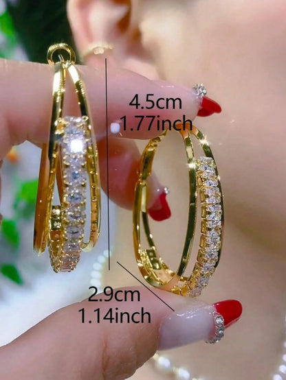 1 Par Lujosos Aretes Dorados De Diseño De Múltiples Capas De Diamantes De Imitación, Elegantes Y Versátiles, Joyería De Alta Calidad Para Mujeres