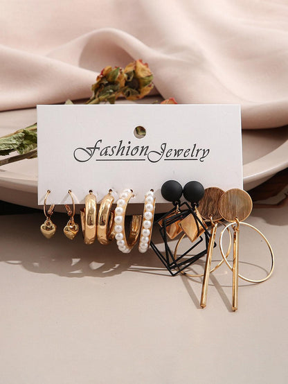 5 Pares/set Aretes Con Decoración De Corazón Y Perla Artificial Al Azar