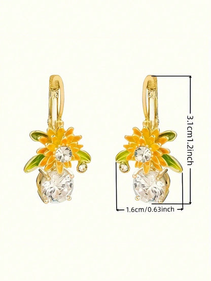 1 par de pendientes con colgante de cristal con diseño de girasol y gota de agua para mujeres