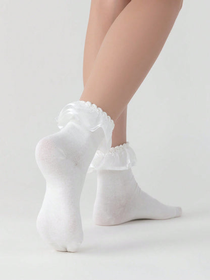 ROMWE Kawaii Calcetines de tubo con volantes de tejido de red de unicolor, casuales y dulces, para mujeres