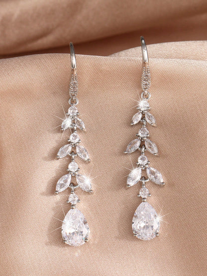 2 piezas Pendientes colgantes largos con hoja, chapados en plata con circonita cúbica, pendientes de lujo para novia, boda, joyería de compromiso, aniversario, regalo para novia, esposa, pareja, San Valentín