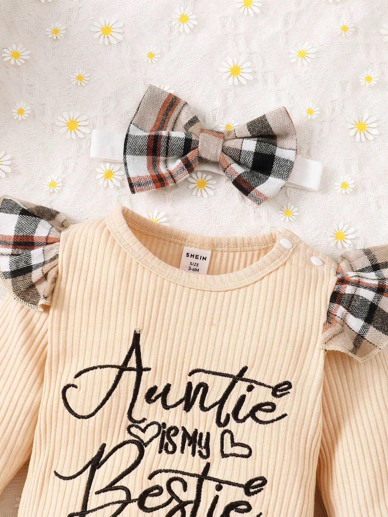 Bebé niña con estampado de slogan ribete con fruncido Body & de cuadros con lazo delantero Pantalones acampanados con banda cabeza