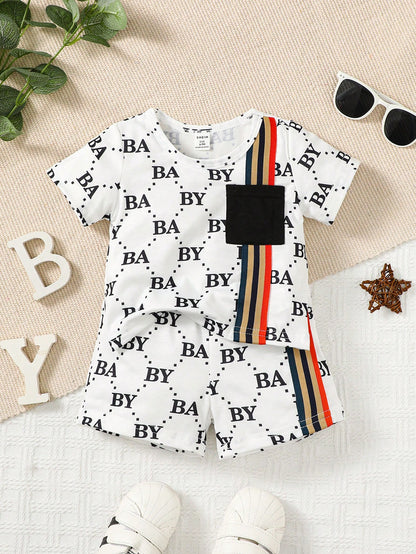 Bebé niño Conjunto shorts con camiseta con estampado de rayas y letra